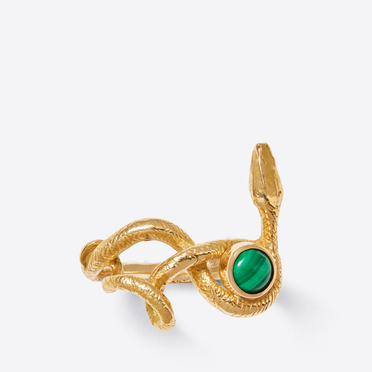Gold Wadjet Twisted Snake Ring with a Malachite Stone