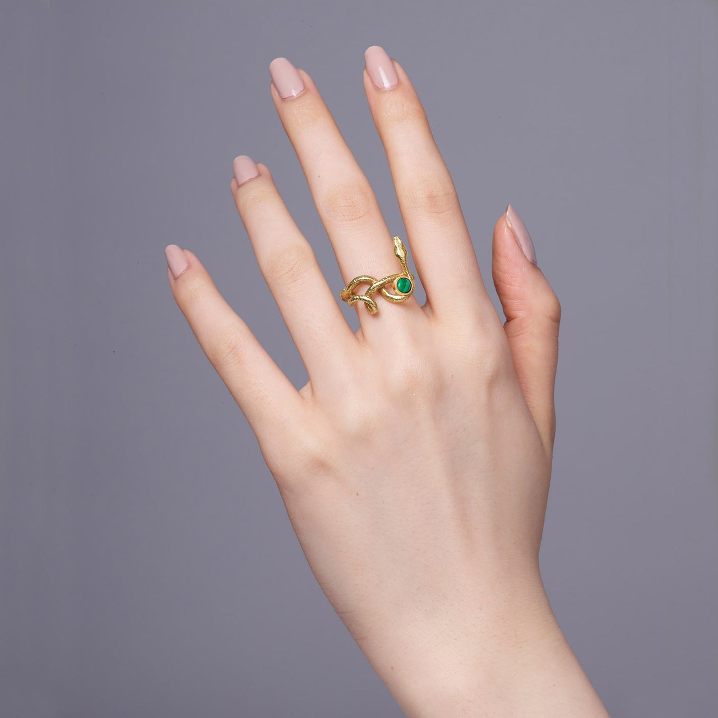 Gold Wadjet Twisted Snake Ring with a Malachite Stone