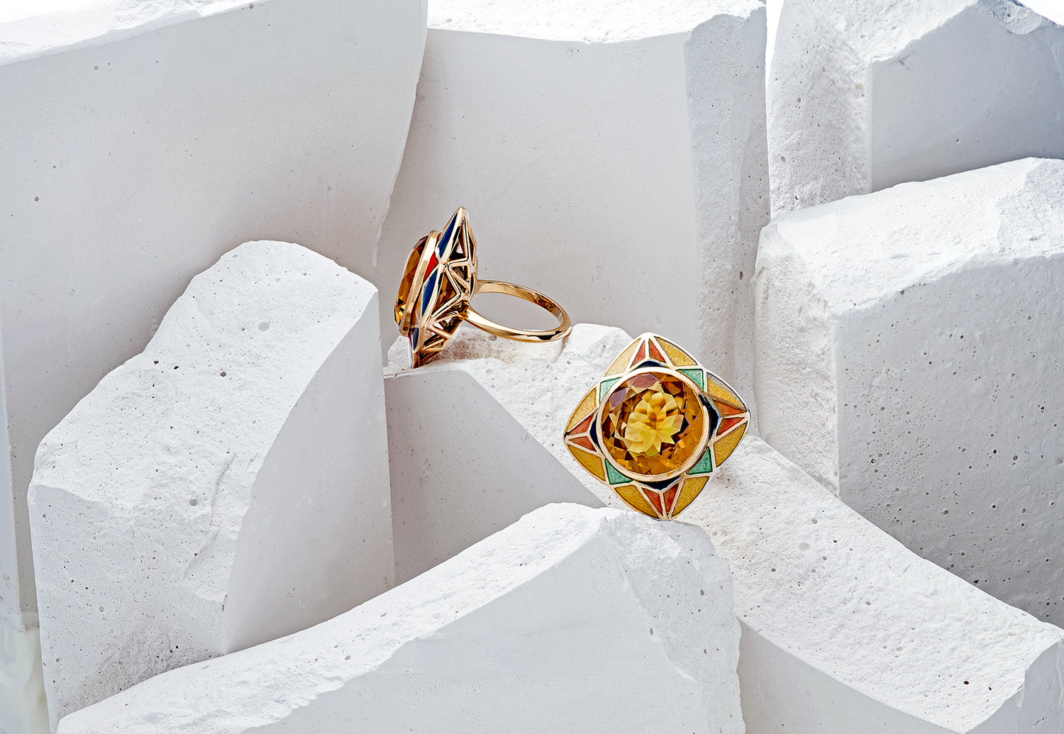 handmade jewellery London, Sunrise and Sunset Aurora Ring with a large yellow citrine in the centre with hot vitreous enamel in a geometric Egyptian style 