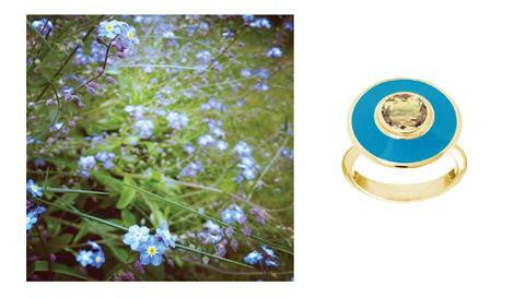 a field of light blue flowers and the turquoise aurora ring with a yellow citrine in the center in 18k yellow gold to the right