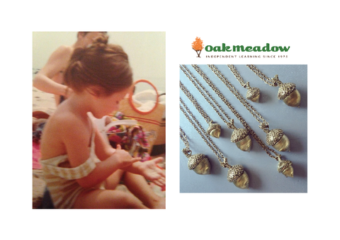 Oak Meadow school and their acorn charms and a photo of Tarra Rosenbaum as a child at the beach