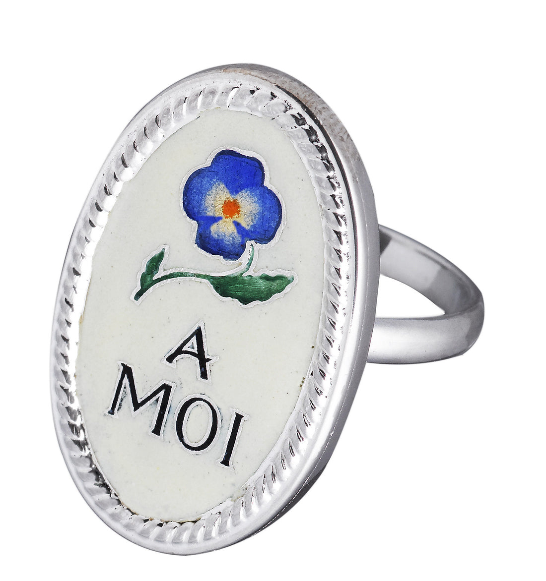 Enamel silver ring with a blue pansy and the words A Moi