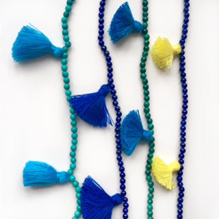 Blue turquoise and yellow tassels with turquoise, lapis lazuli and malachite beads