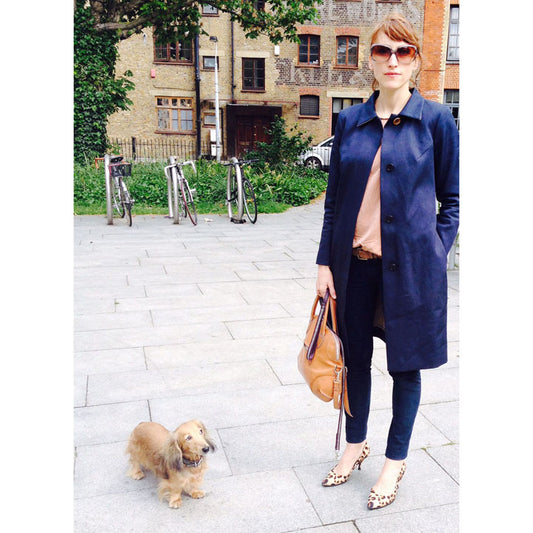 Fashion Designer Amanda Thompson with her dog Lilly on Bermondsey St