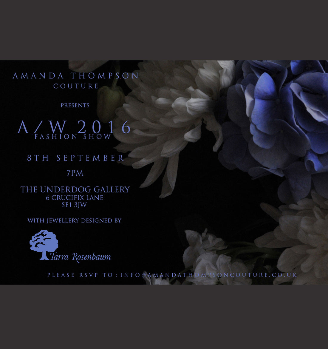 Announcement for the runway show of Amanda Thompson couture AW2016 