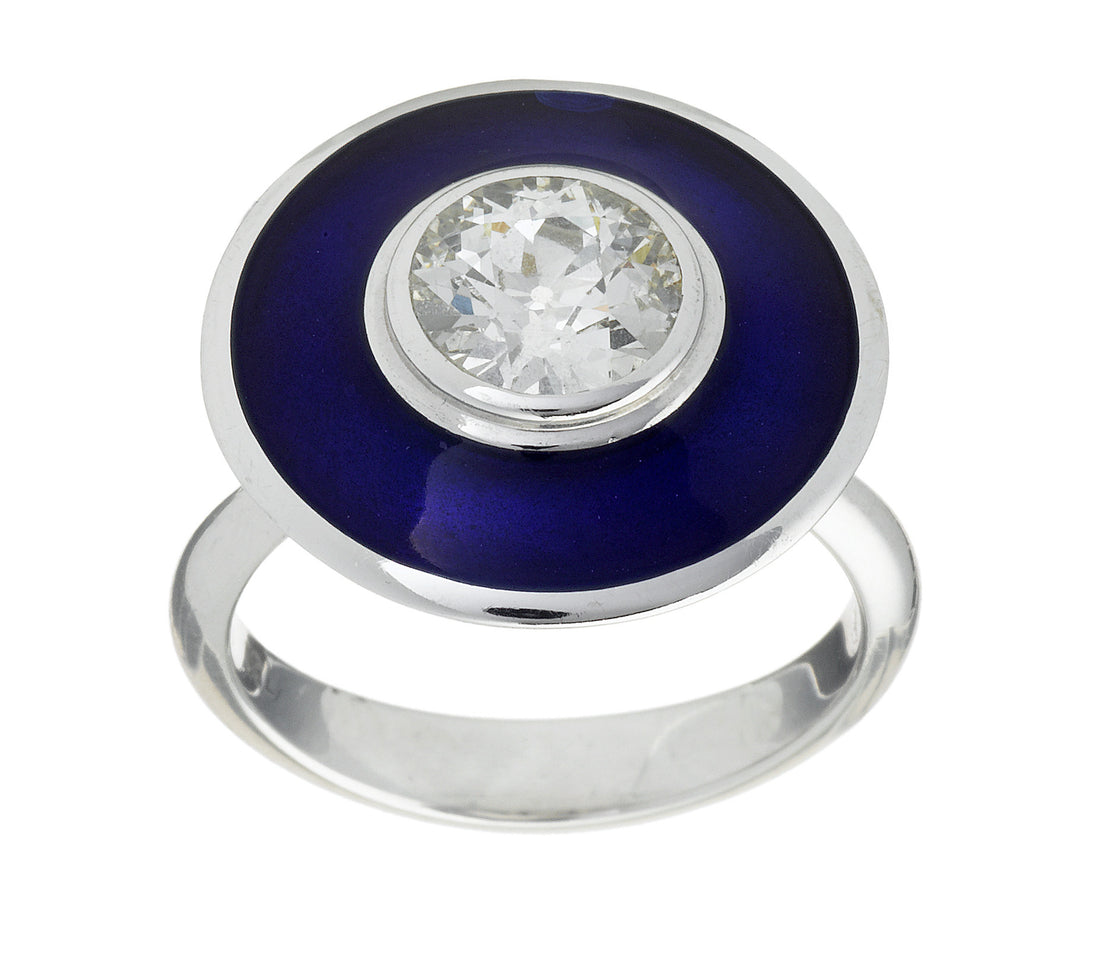 18k white gold aurora ring with cobalt blue enamel and a center 1ct diamond