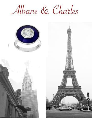 Black and white photo of NY and Paris and the blue enamel aurora ring and diamond with the title Albane and Charles