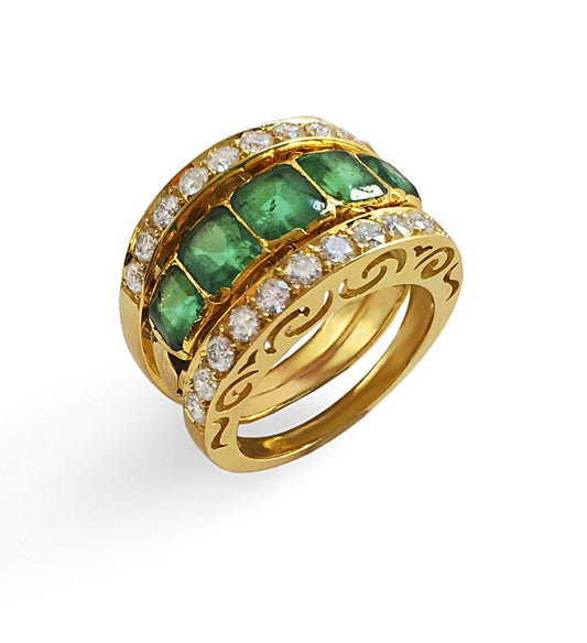 Emerald band with two pave white diamond bands on each side in yellow gold