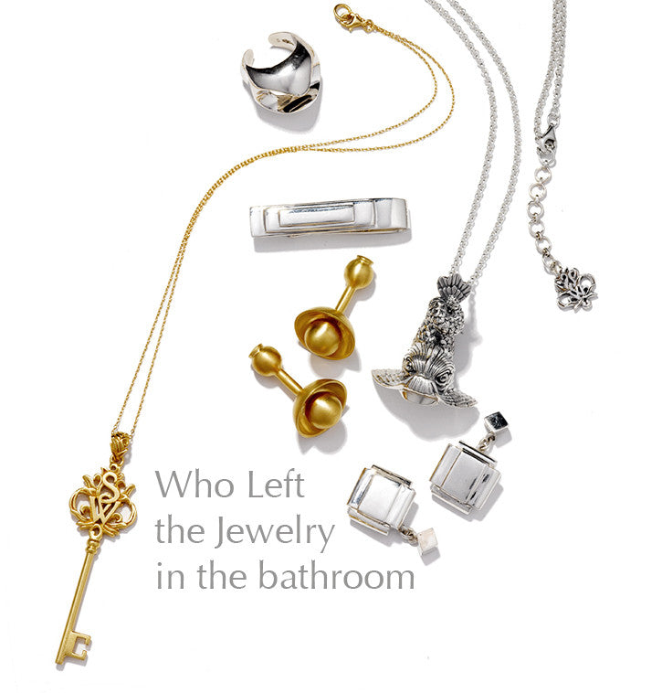 photo of the custom jewelry made for Sherle Wagner by Tarra Rosenbaum saying who left the jewelry in the bathroom