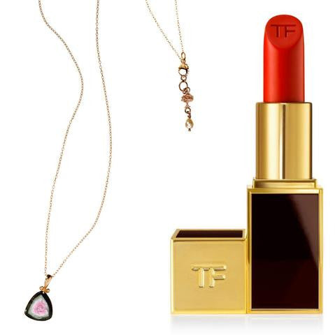 Tom Ford lipstick and the watermelon tourmaline rose gold necklace by Tarra Rosenbaum