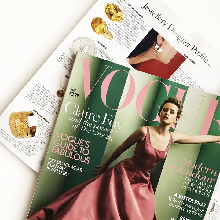 Vogue Britains November issue cover with Claire Foy and Tarra Rosenbaum editorial page with the Goddess Isis Wing Cuff in Jewellery Designer Profile