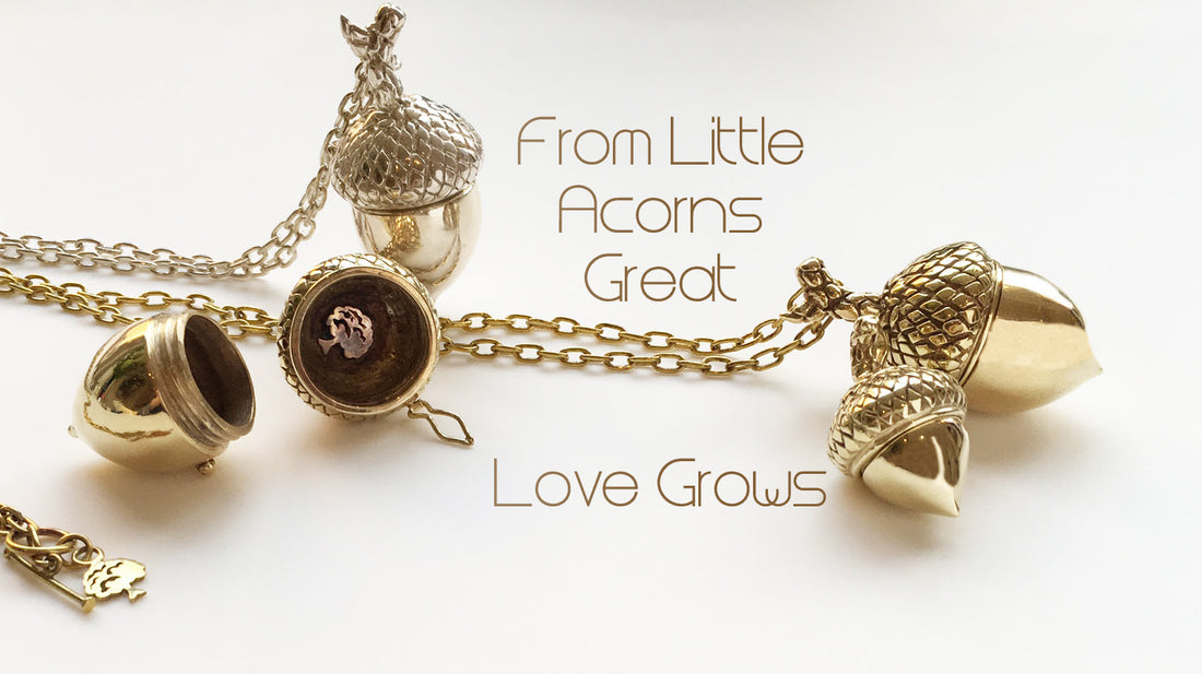 Photo of Acorn brass charms with the slogan From little acorns great love grows