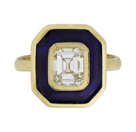 bespoke octagonal aurora ring in 18k yellow gold and cobalt blue hot enamel with a family diamond ring