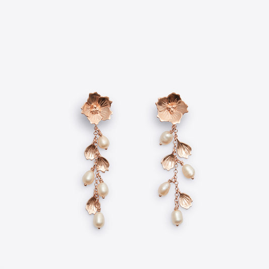 Cherry Blossom Rose Pearl and Petal Dangling Earrings