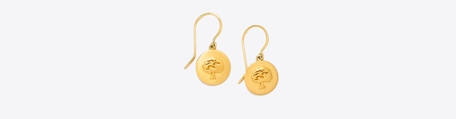 Unique jewellery London, Tree coin earrings in 18k gold with hooks