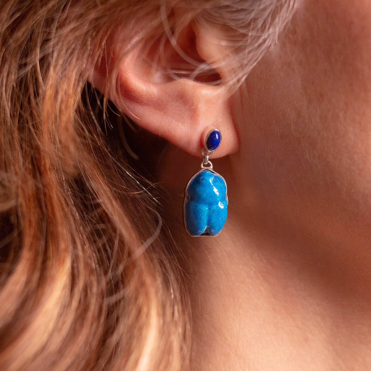 Faience Lapis Scarab Earrings