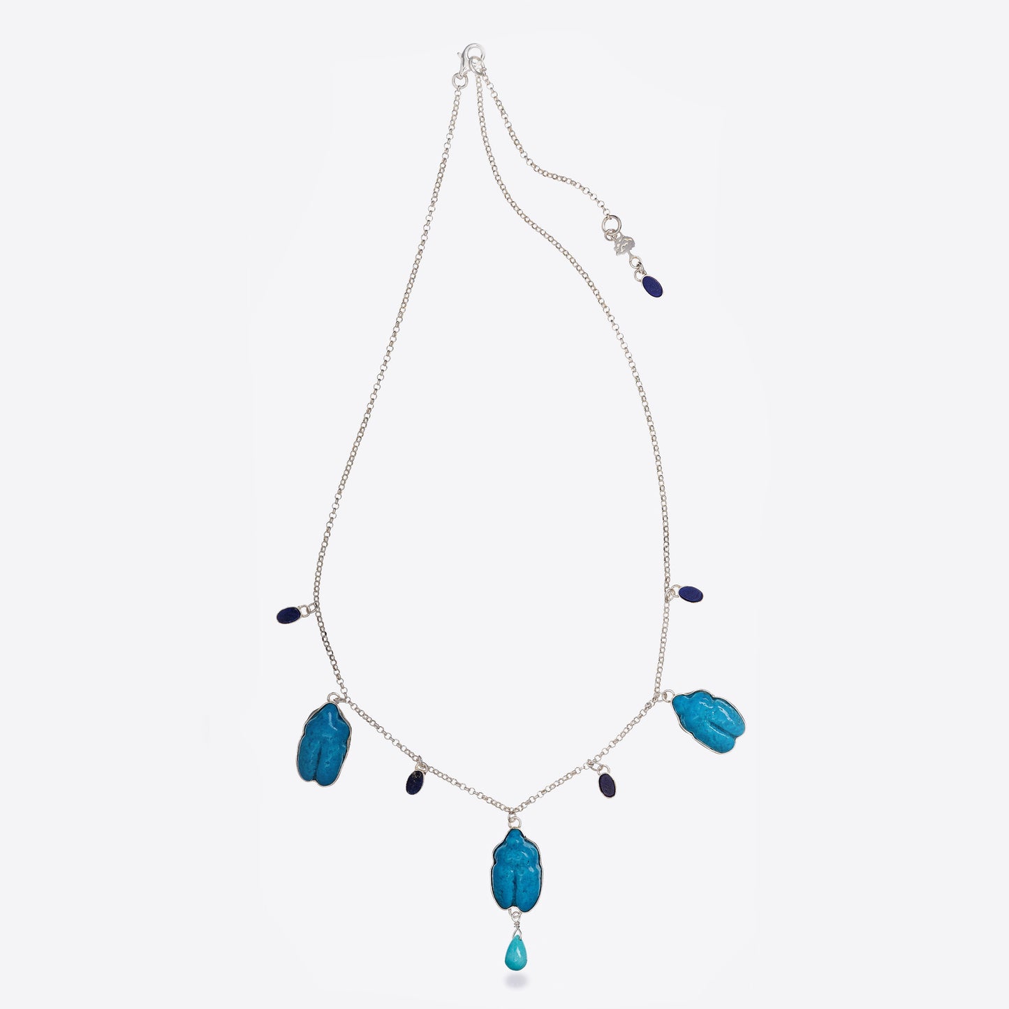 Lapis lazuli and Three Turquoise Scarab Necklace