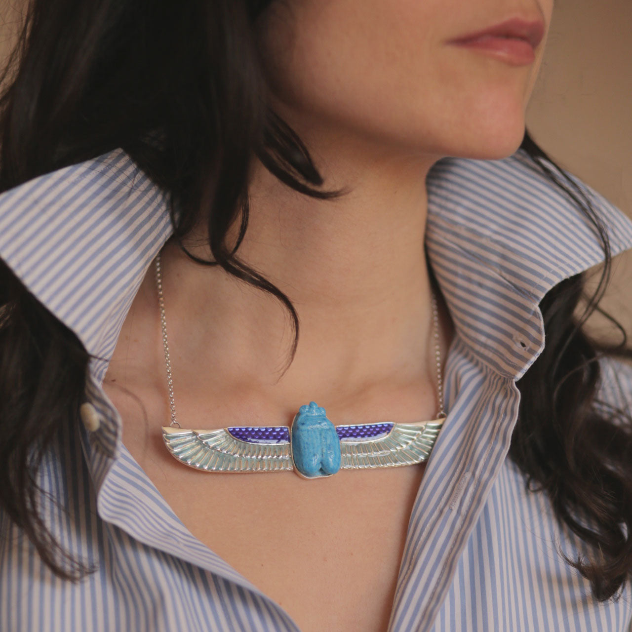 Cobalt Blue  Flying Scarab Necklace