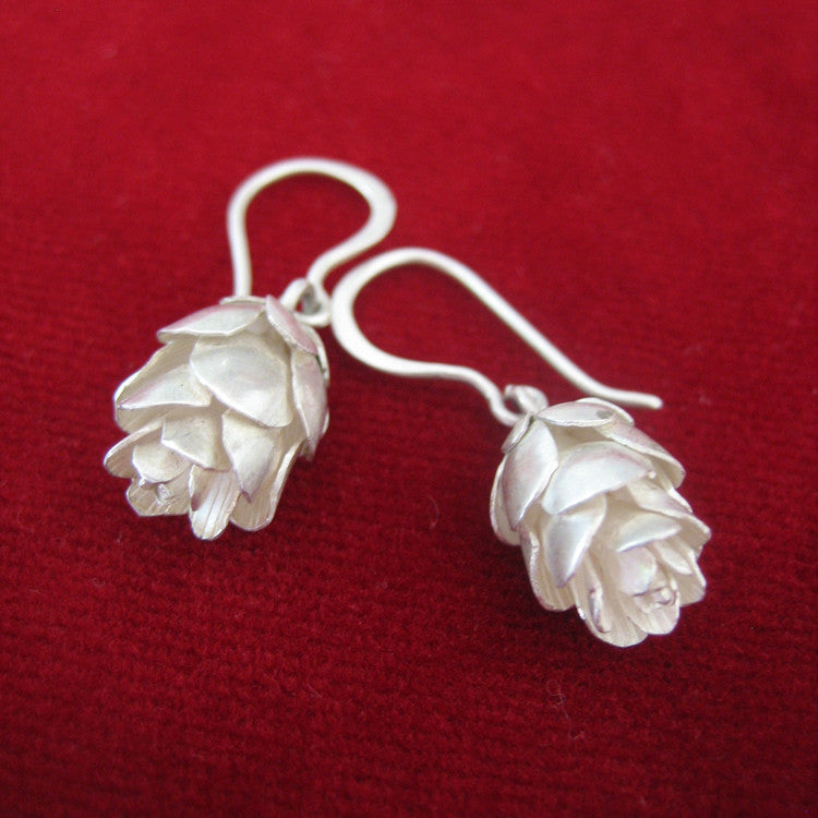 14k White Gold Hemlock Pine Cone Earrings